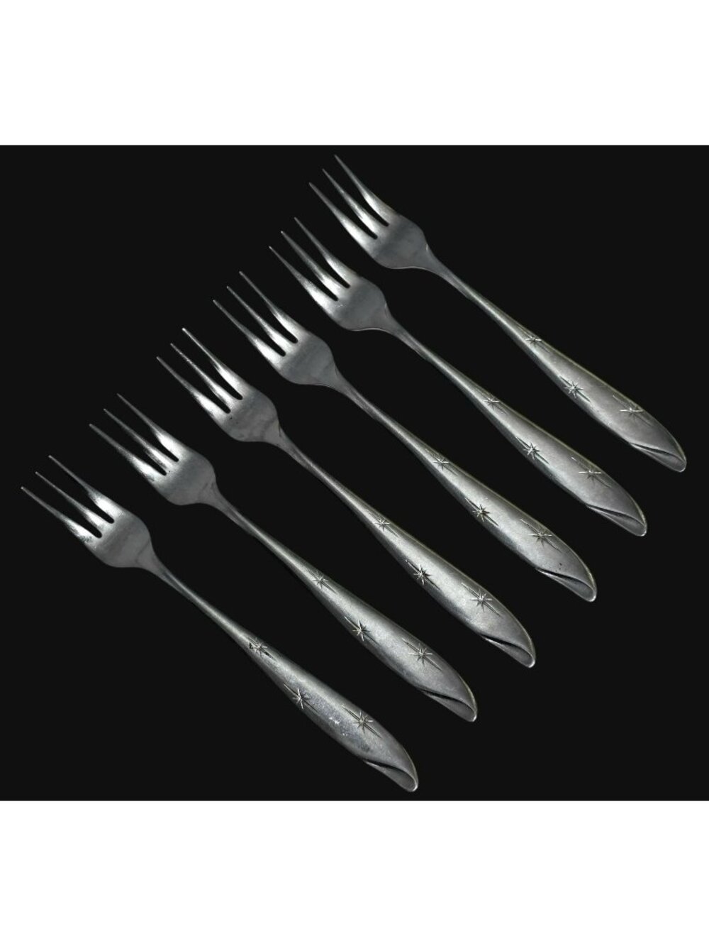 6 MCM Silhouette Cocktail Forks Atomic Starburst 5.25" Appetizers Japan Vintage